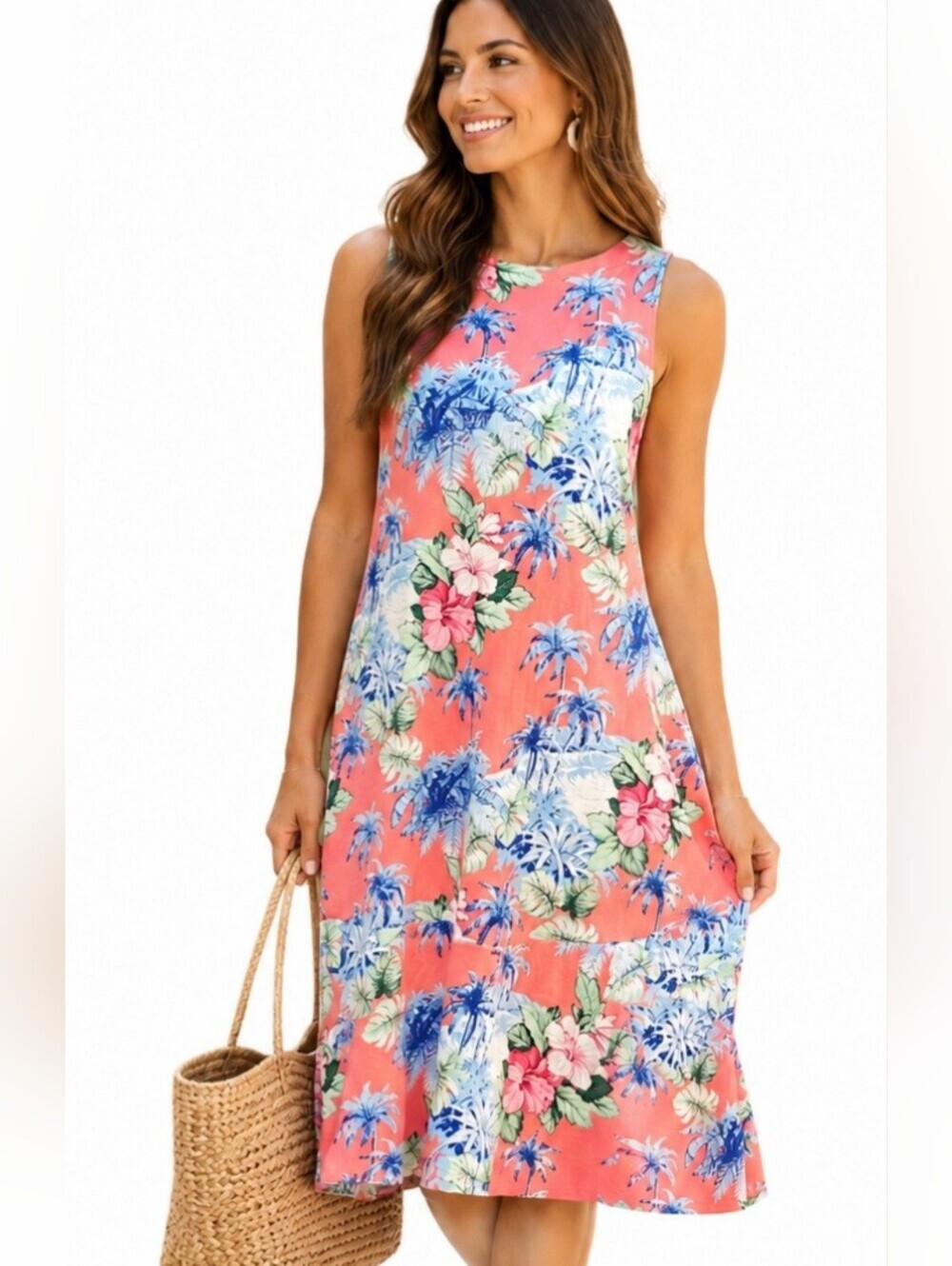 Tommy Bahama Tropical Palm Hibiscus Dress Medium Coral Sleeveless Resort Coastal - Picture 2 of 12